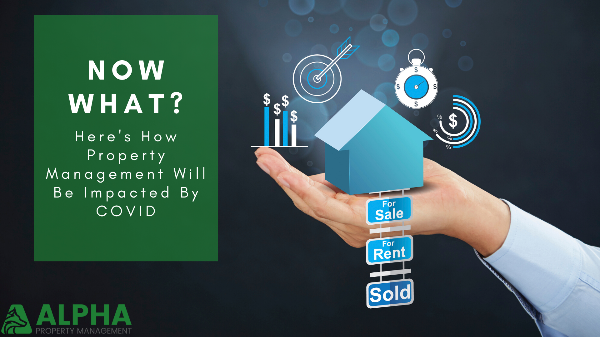 Graphic of house with for sale sign and text - Now What? Here's how property management will be impacted by COVID